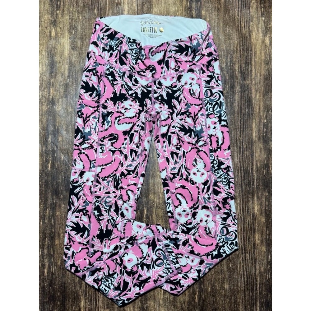 Lilly Pulitzer Luxletic Panda Prowl Pink Black Floral Leggings Side Pockets M
